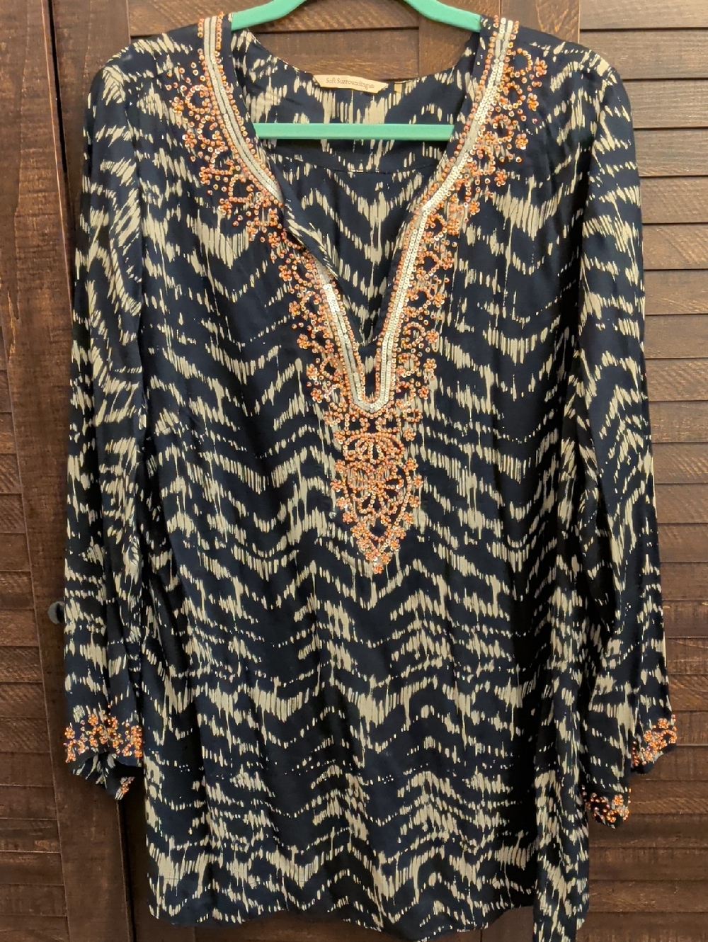 Embellished Darkest Blue (Almost Black) & Cream Women's Tunic Top